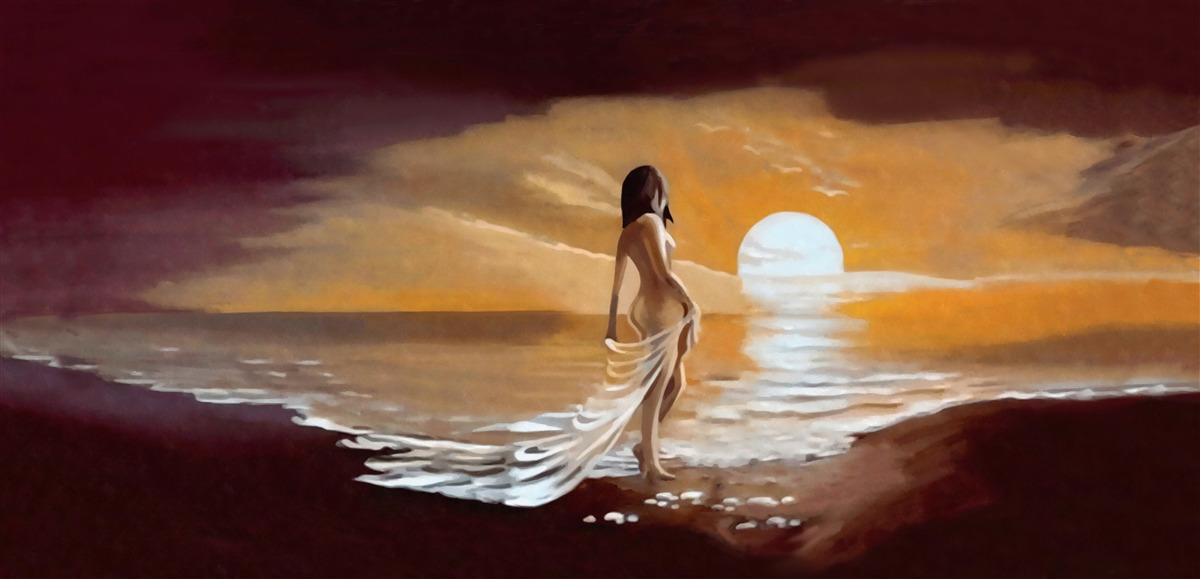 Fototapet fată privește apusul de soare pe malul mării