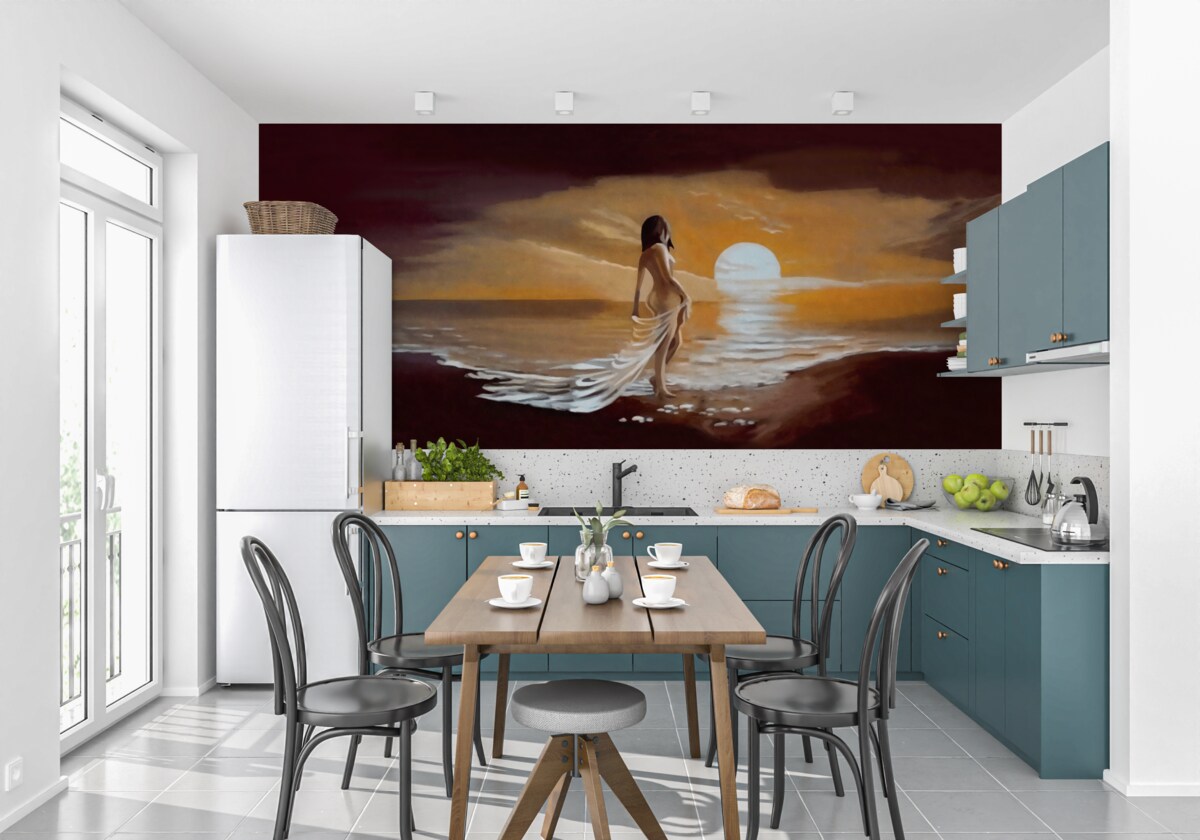 Fototapet fată privește apusul de soare pe malul mării