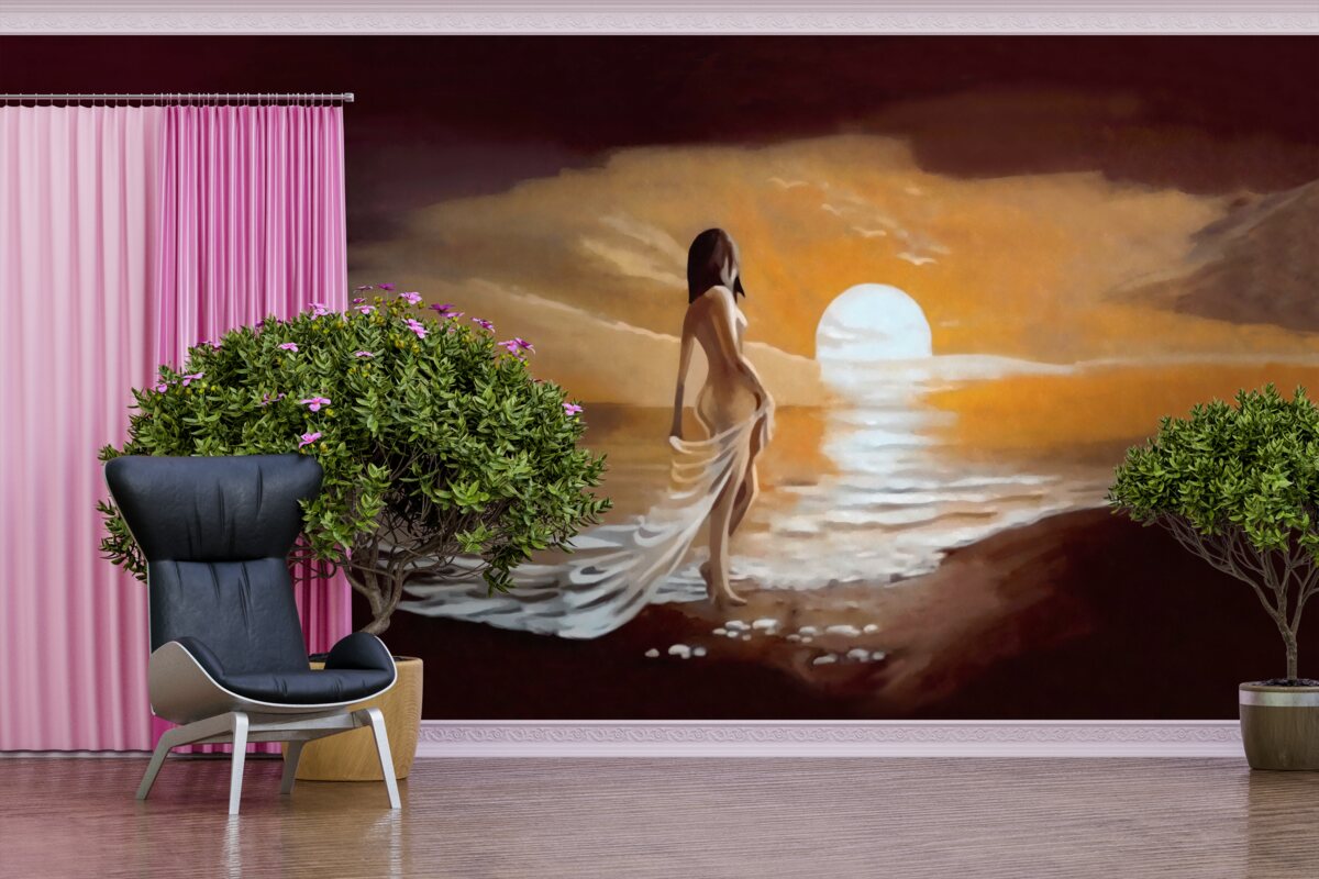 Fototapet fată privește apusul de soare pe malul mării