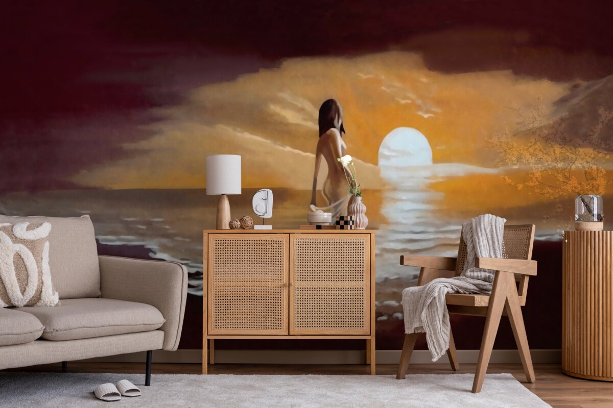 Fototapet fată privește apusul de soare pe malul mării