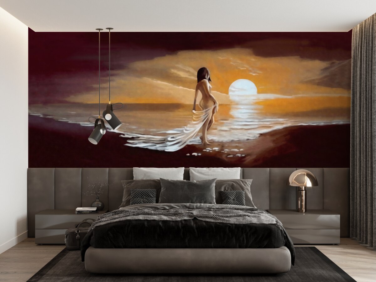 Fototapet fată privește apusul de soare pe malul mării