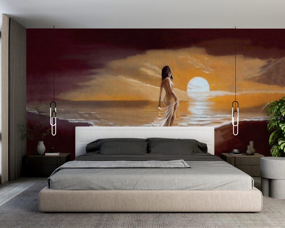 Fototapet fată privește apusul de soare pe malul mării