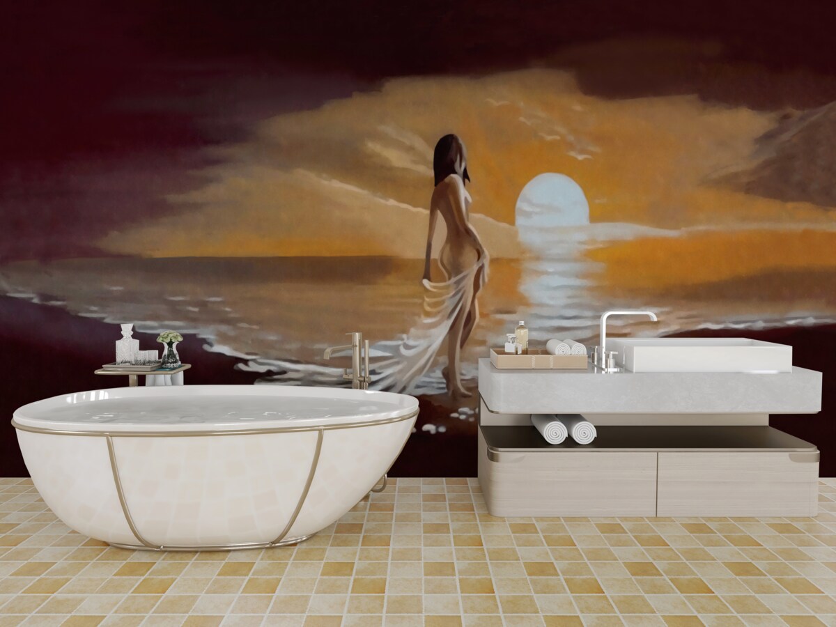 Fototapet fată privește apusul de soare pe malul mării