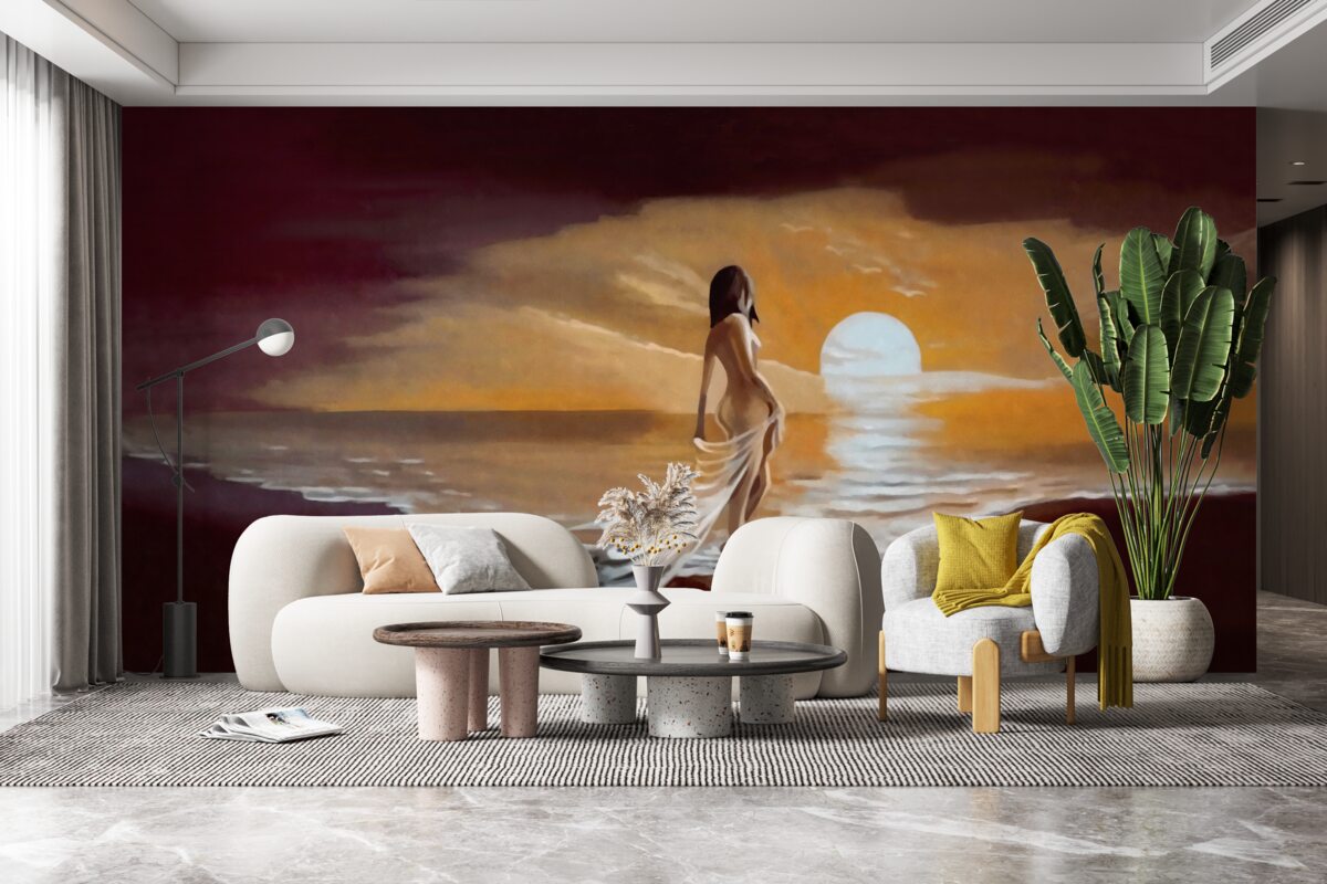 Fototapet fată privește apusul de soare pe malul mării