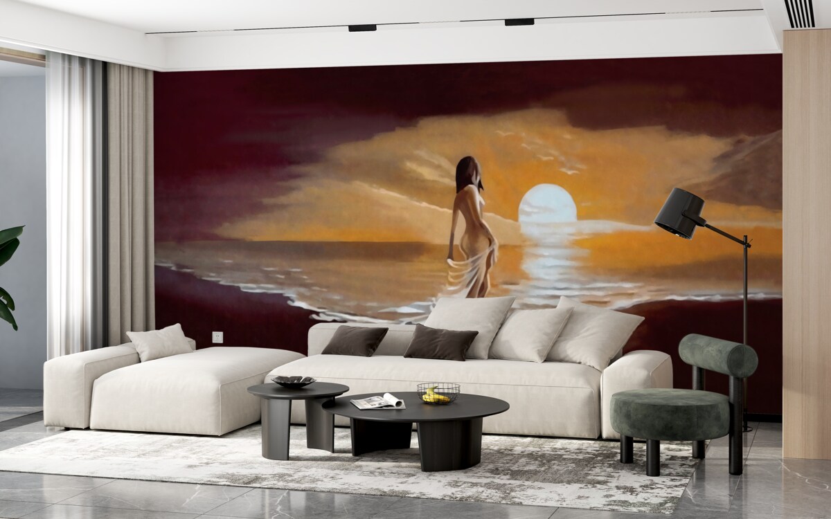 Fototapet fată privește apusul de soare pe malul mării