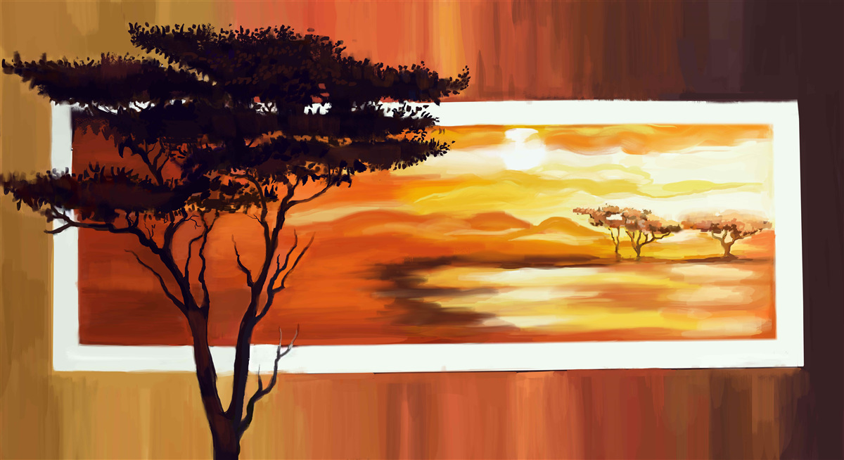 Fototapet apus de soare lac cu bonsai