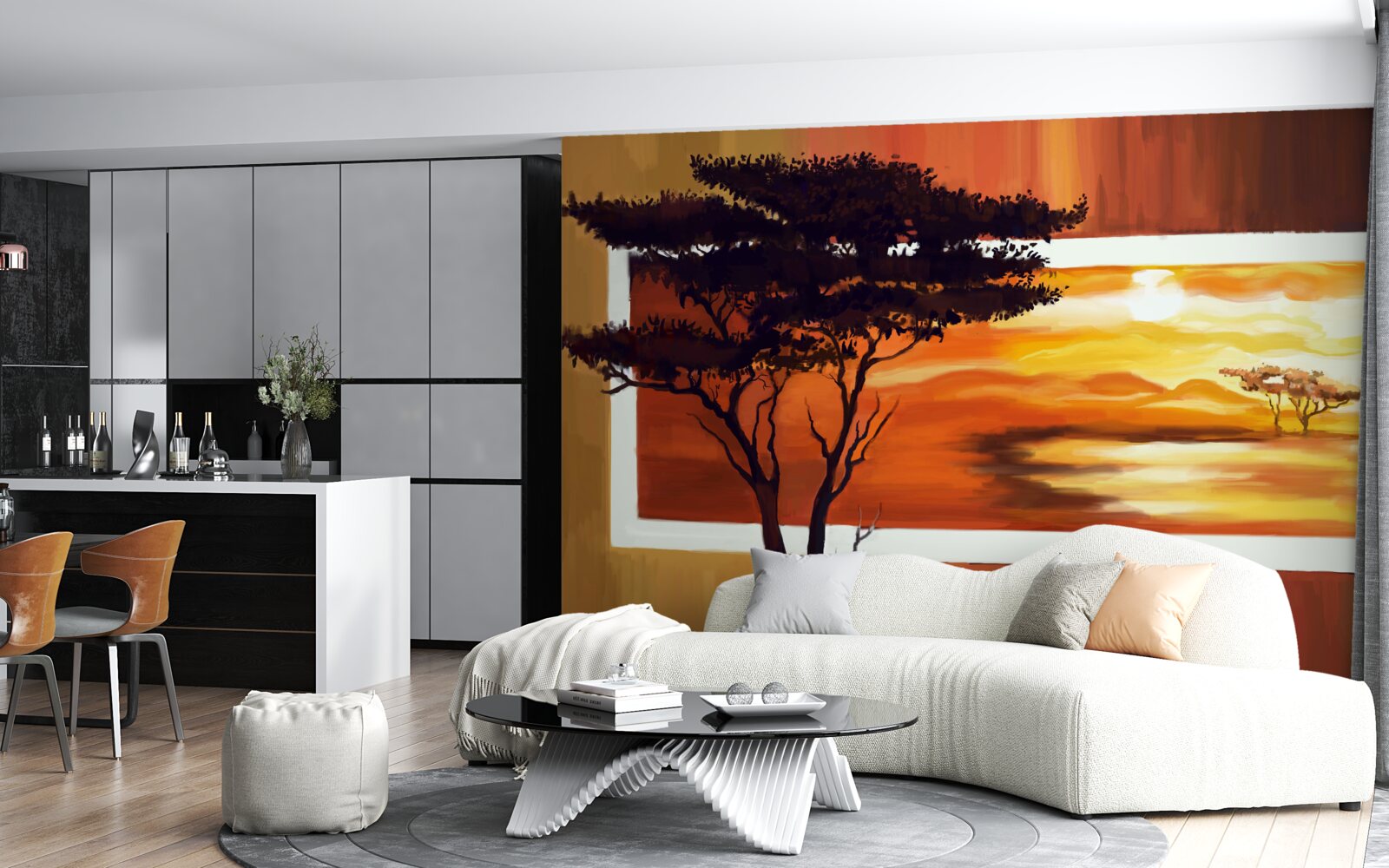 Fototapet apus de soare lac cu bonsai