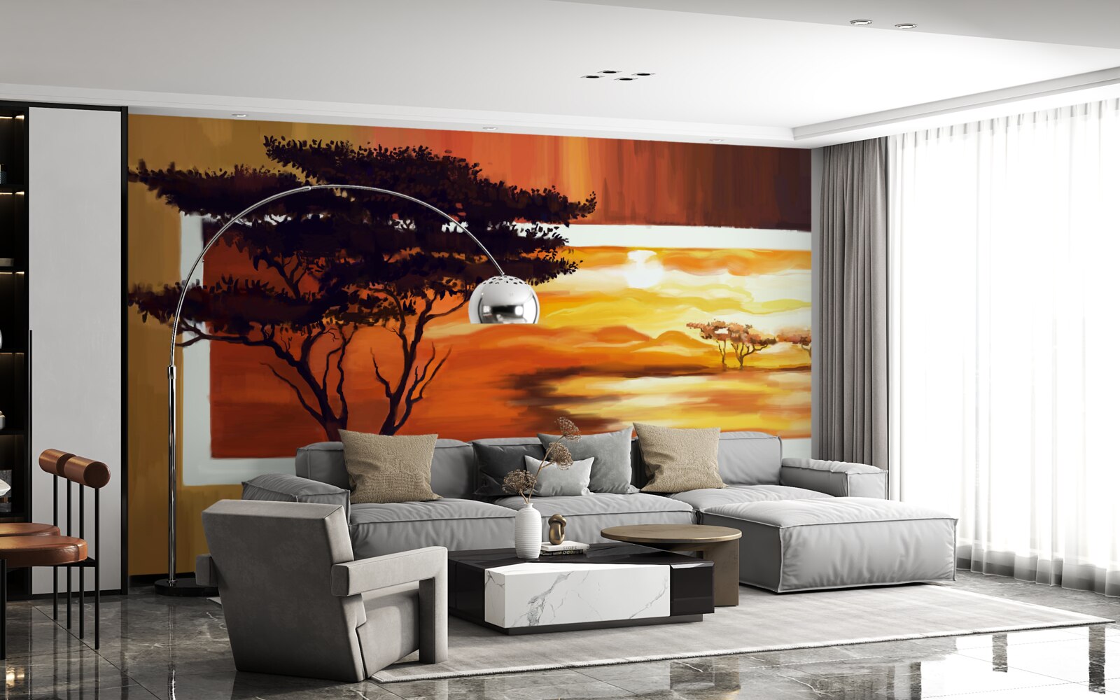 Fototapet apus de soare lac cu bonsai