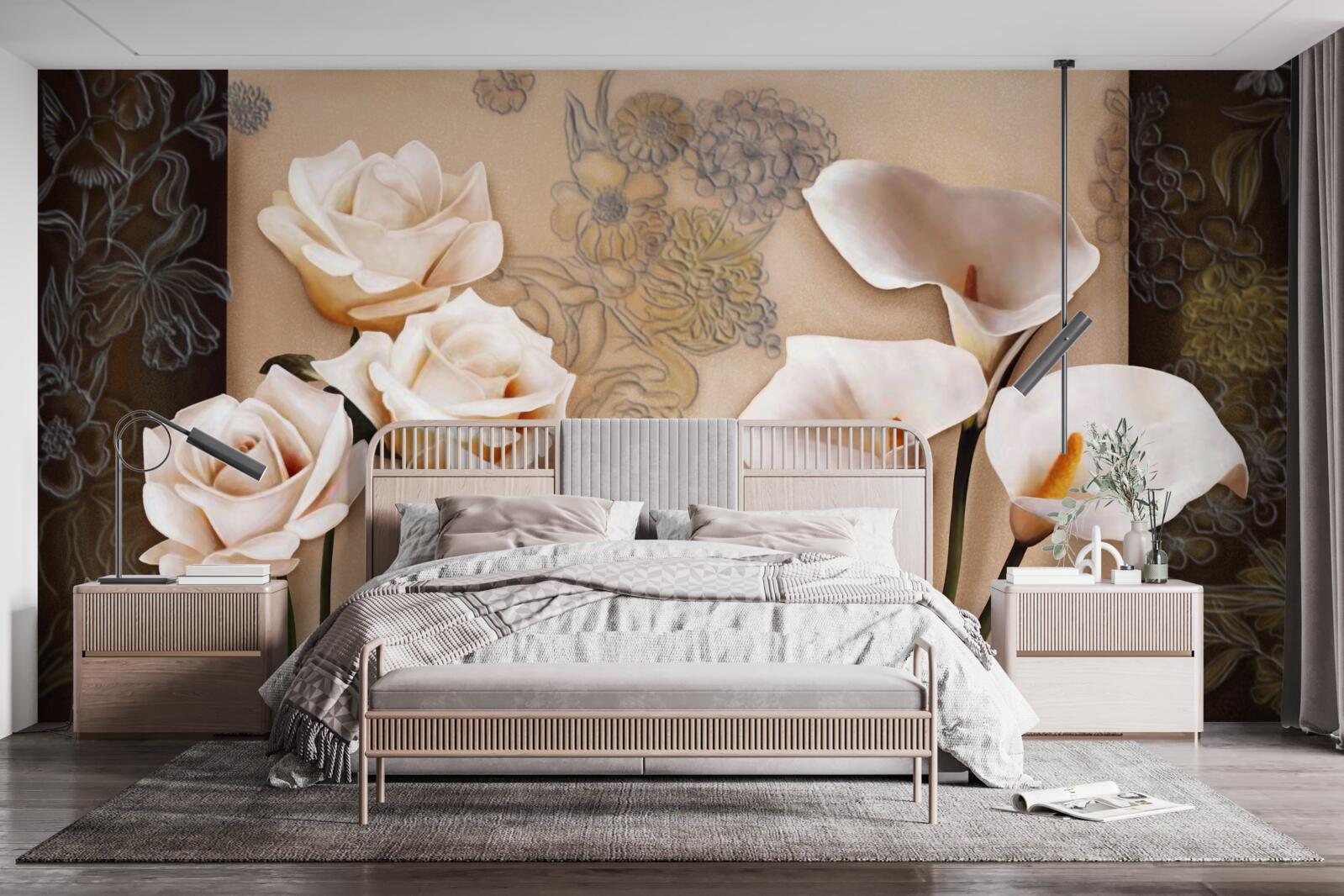 Fototapet lalele, callae și trandafiri în bej