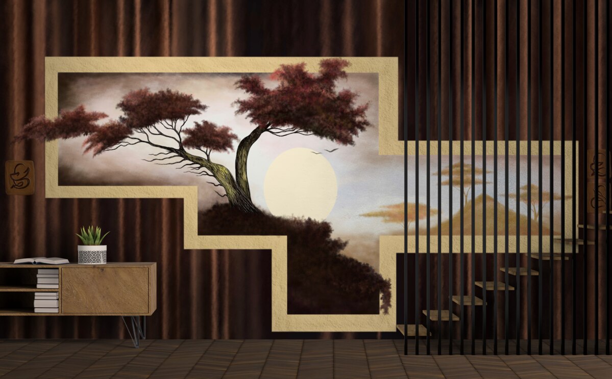 Fototapet răsărit de soare peste bonsai vechi