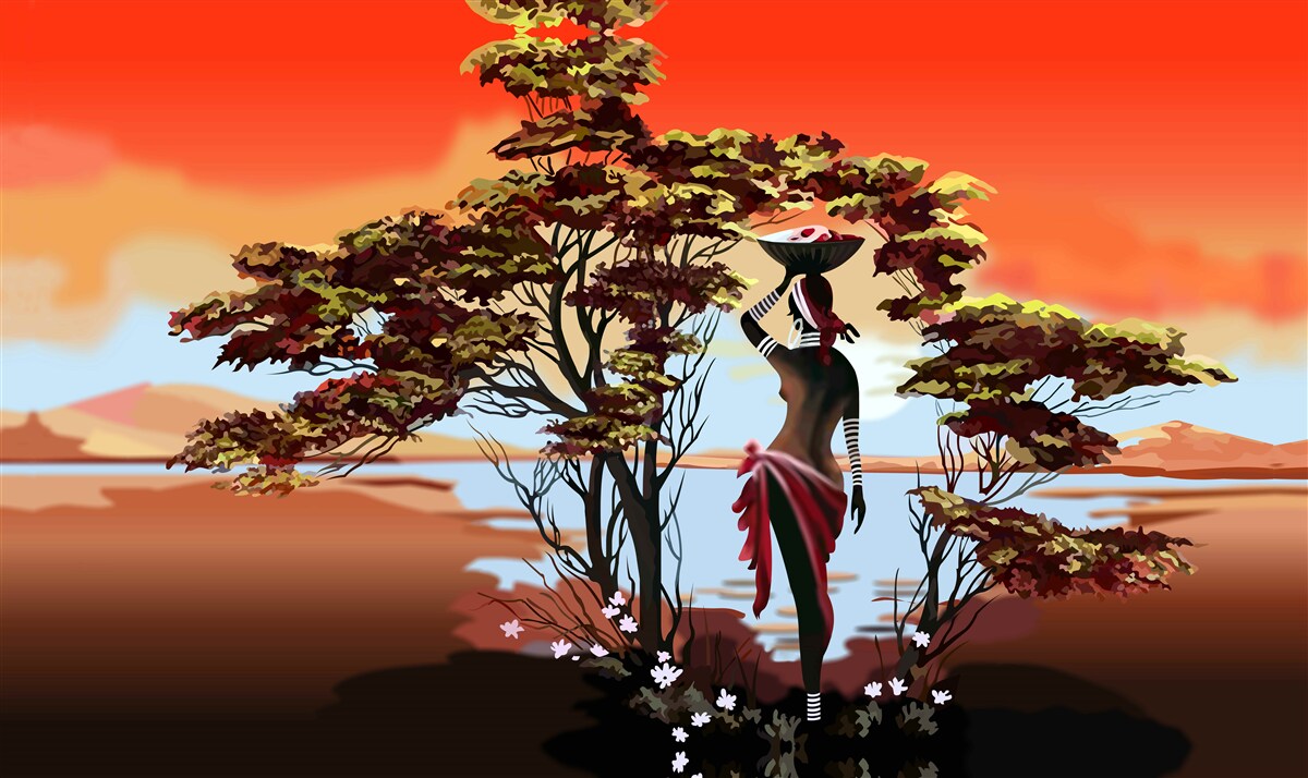 Fototapet doamnă într-o oază din africa