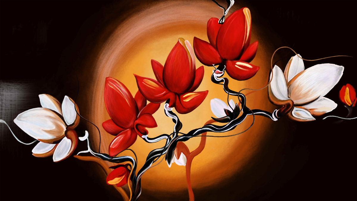 Fototapet trunchi de magnolie, pictat în nuanțe de alb și roșu