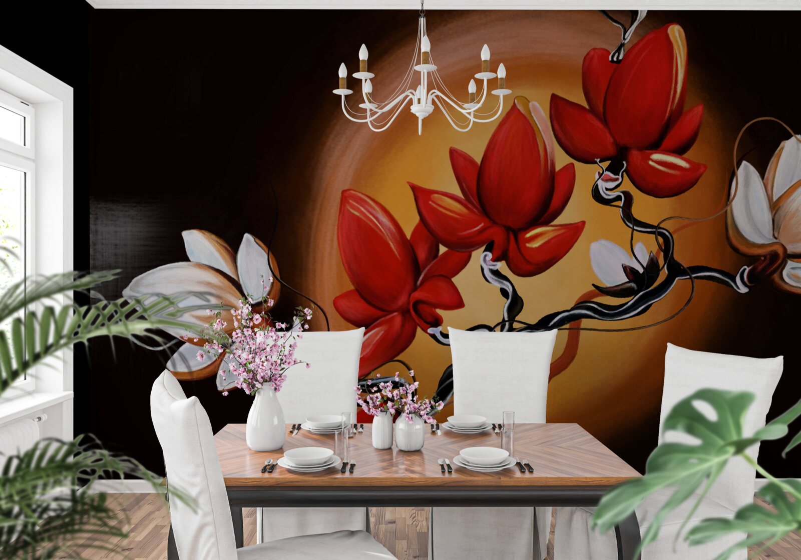 Fototapet trunchi de magnolie, pictat în nuanțe de alb și roșu