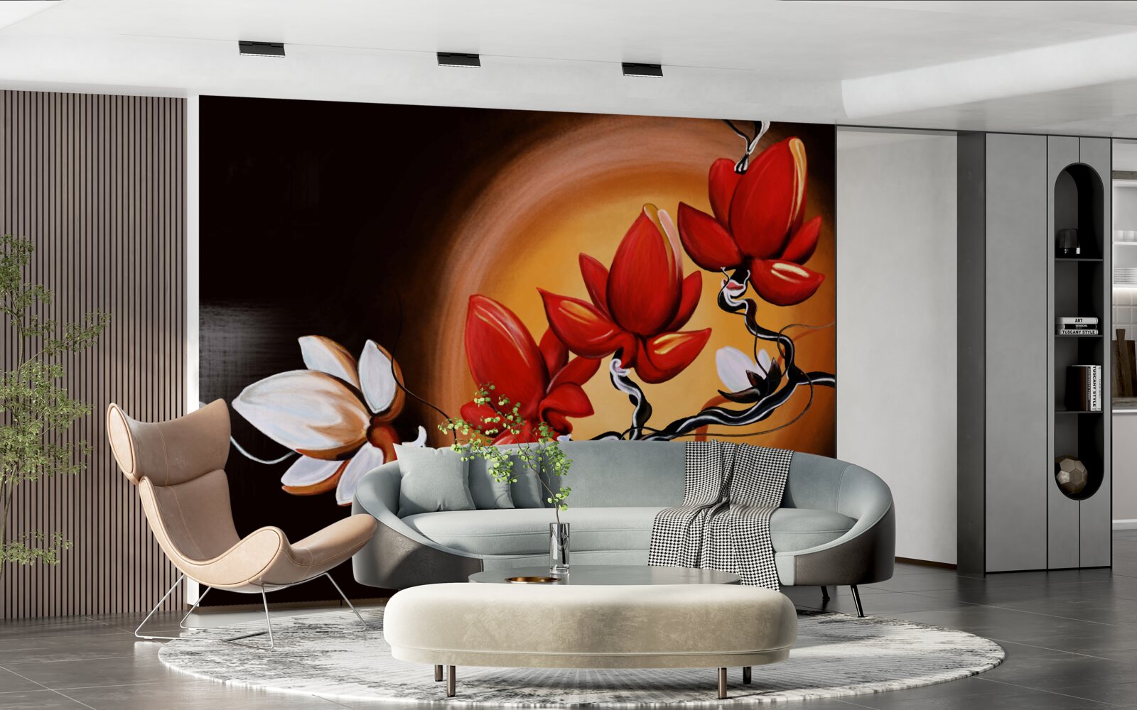 Fototapet trunchi de magnolie, pictat în nuanțe de alb și roșu