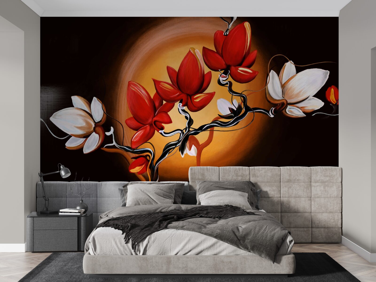 Fototapet trunchi de magnolie, pictat în nuanțe de alb și roșu