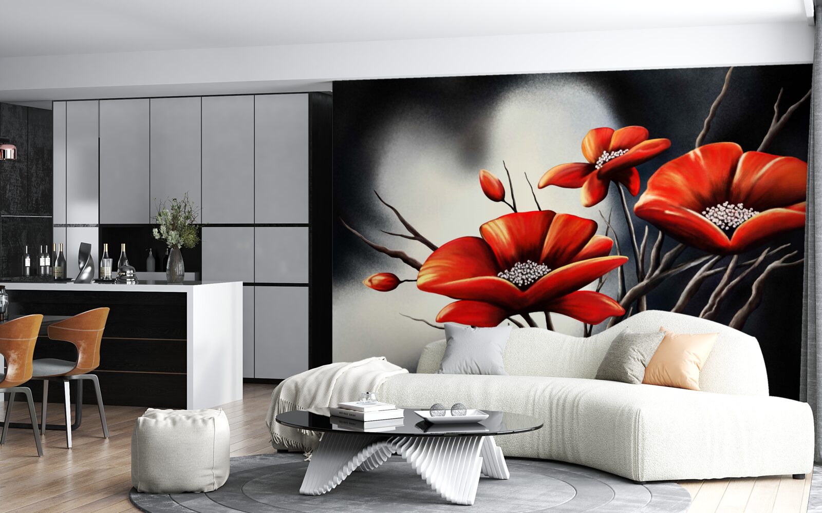 Fototapet fundal negru decorat cu maci roșii