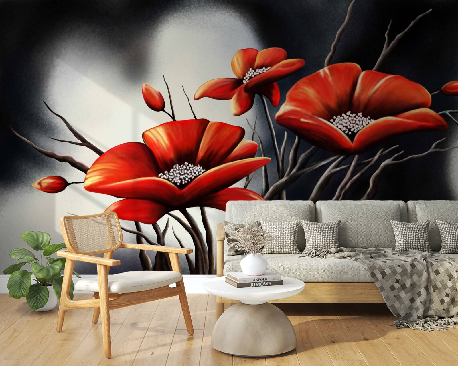 Fototapet fundal negru decorat cu maci roșii