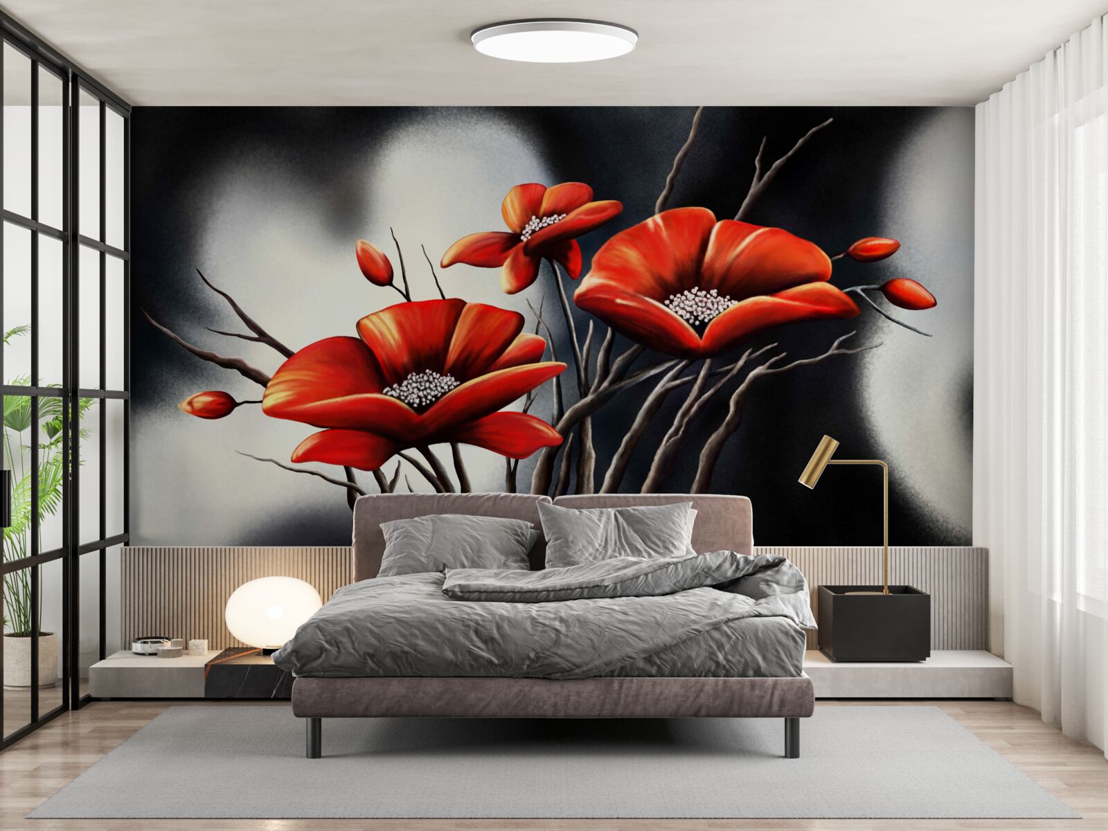 Fototapet fundal negru decorat cu maci roșii