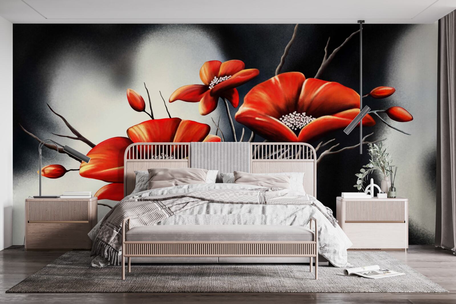 Fototapet fundal negru decorat cu maci roșii