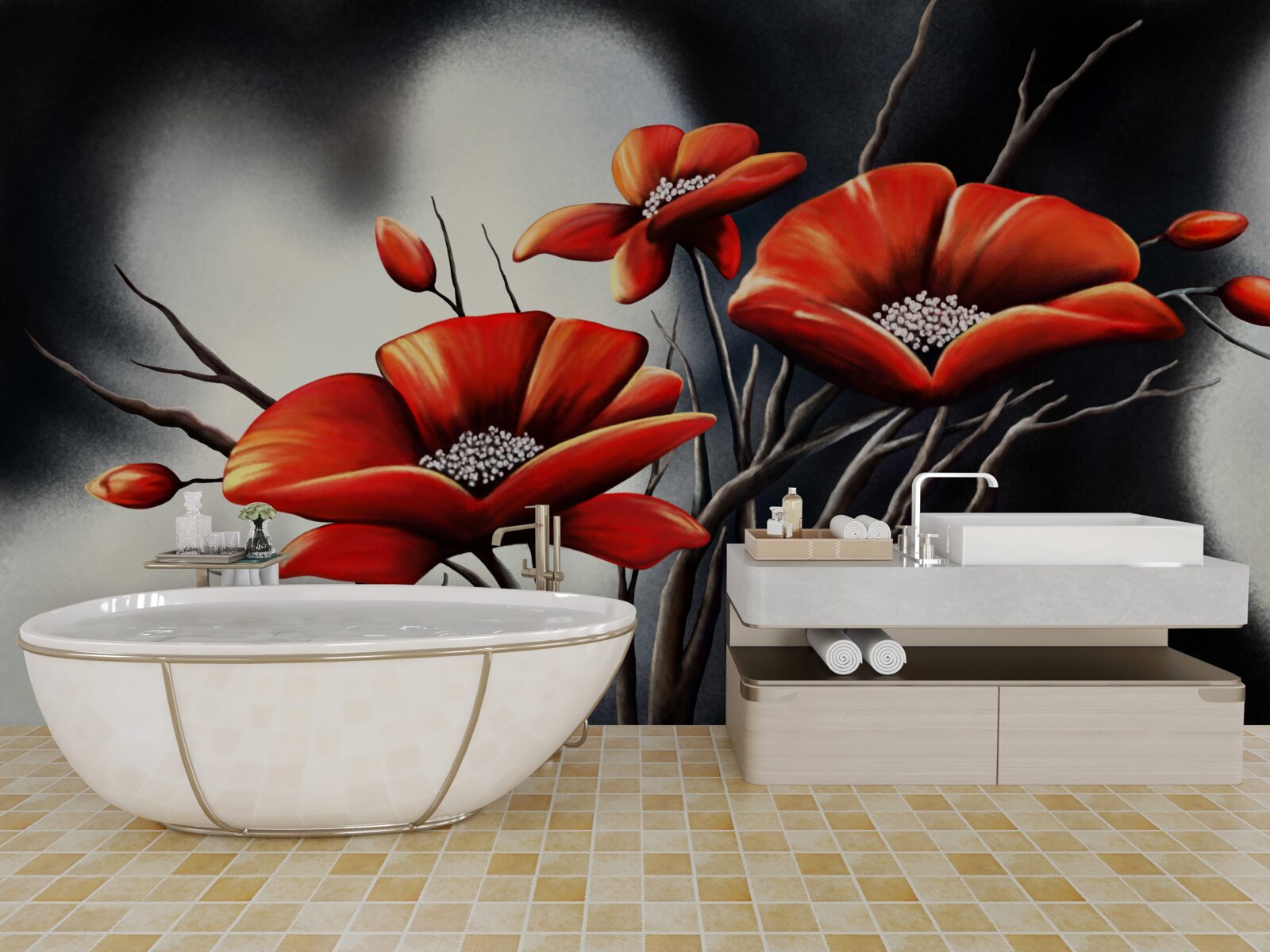 Fototapet fundal negru decorat cu maci roșii