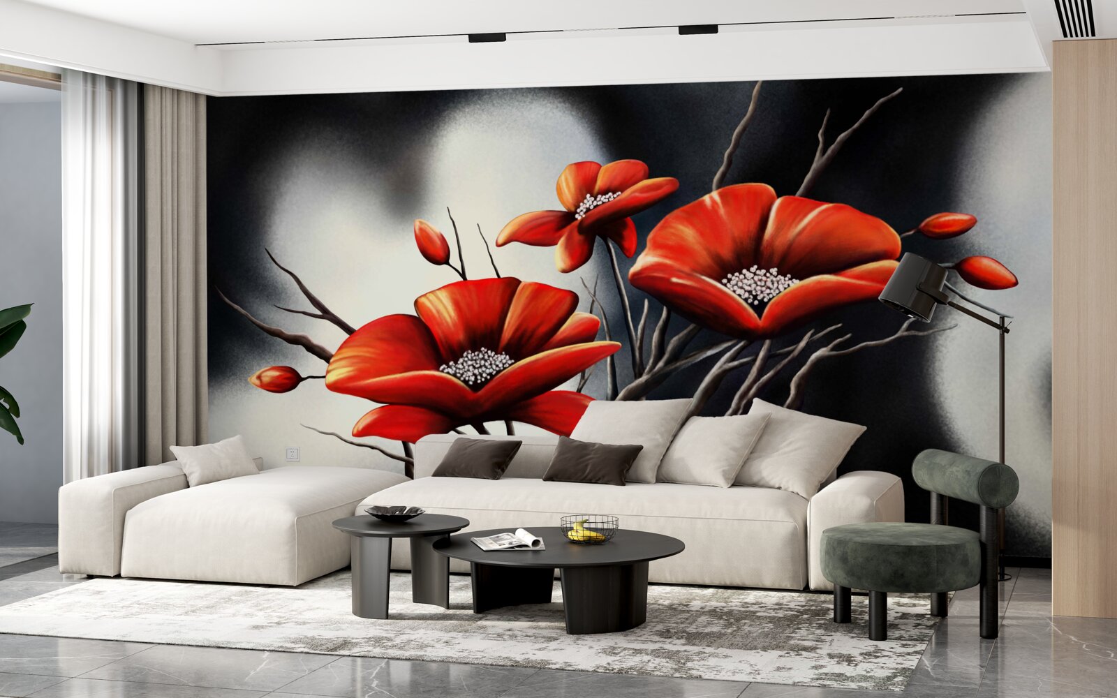Fototapet fundal negru decorat cu maci roșii