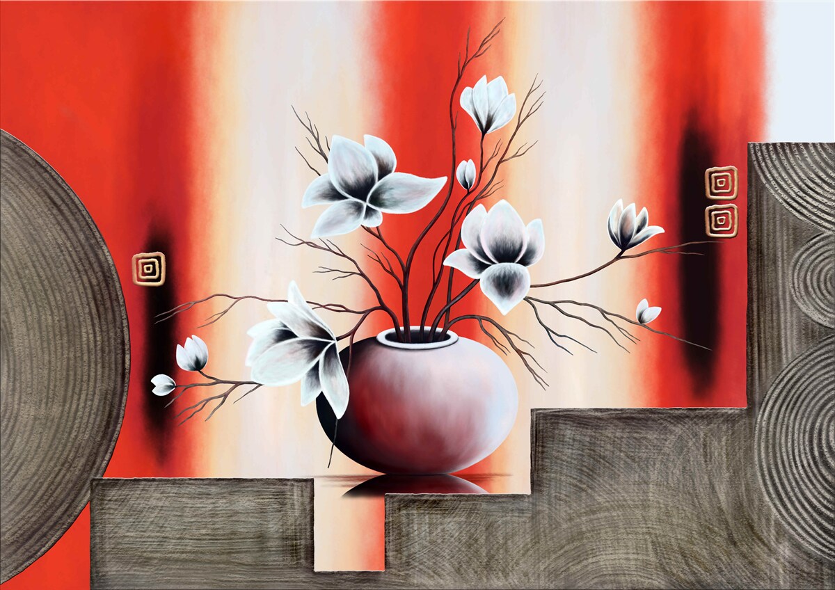 Fototapet vază roșie cu flori albe delicate