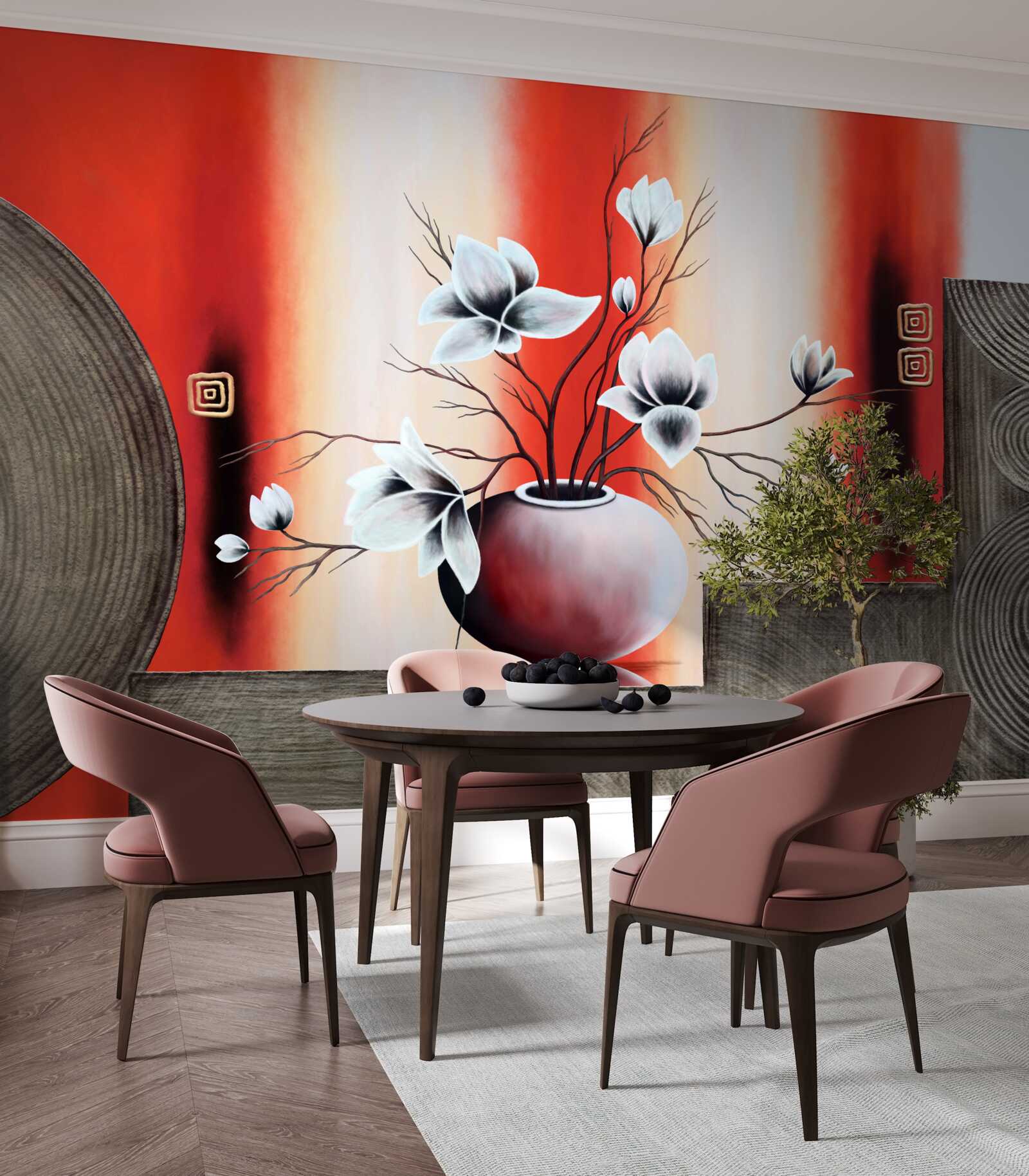 Fototapet vază roșie cu flori albe delicate