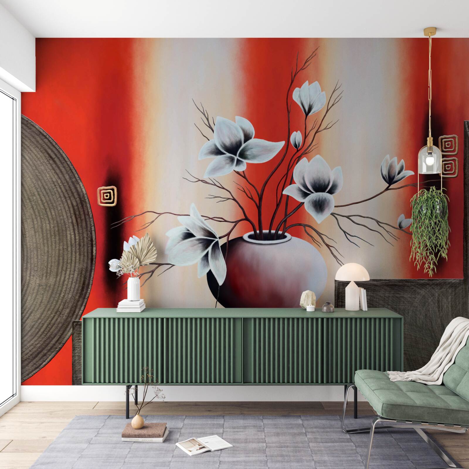 Fototapet vază roșie cu flori albe delicate