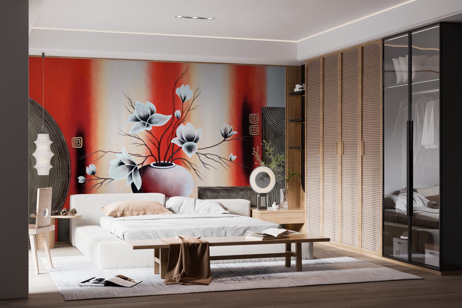 Fototapet vază roșie cu flori albe delicate