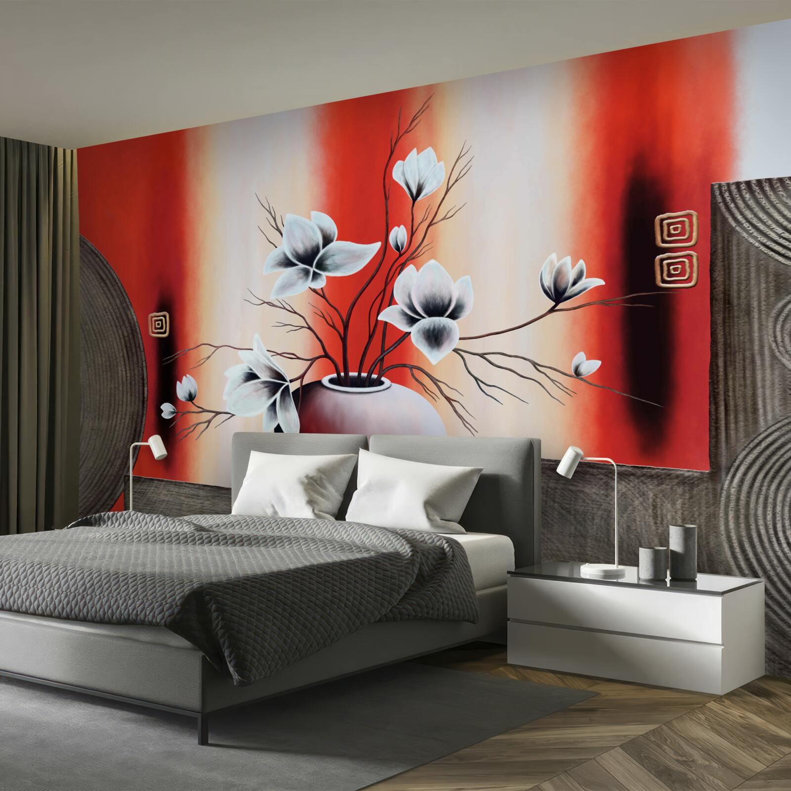 Fototapet vază roșie cu flori albe delicate