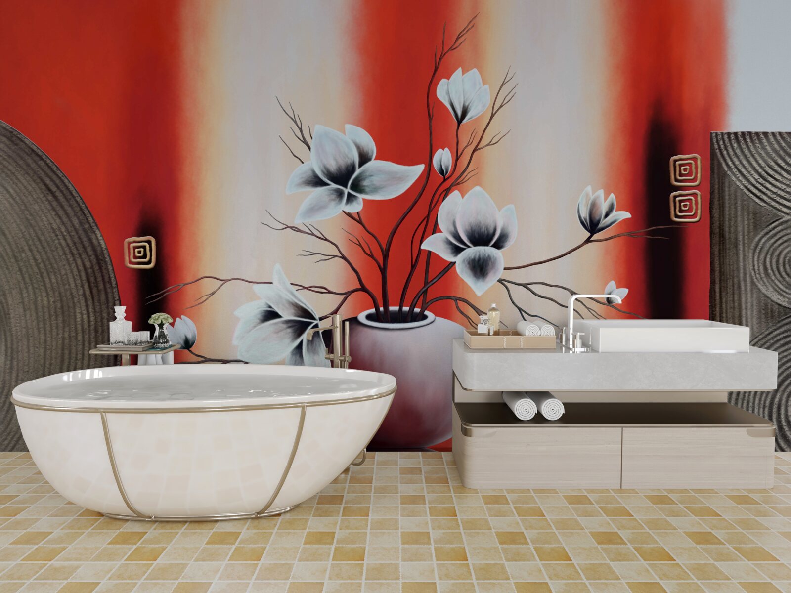 Fototapet vază roșie cu flori albe delicate