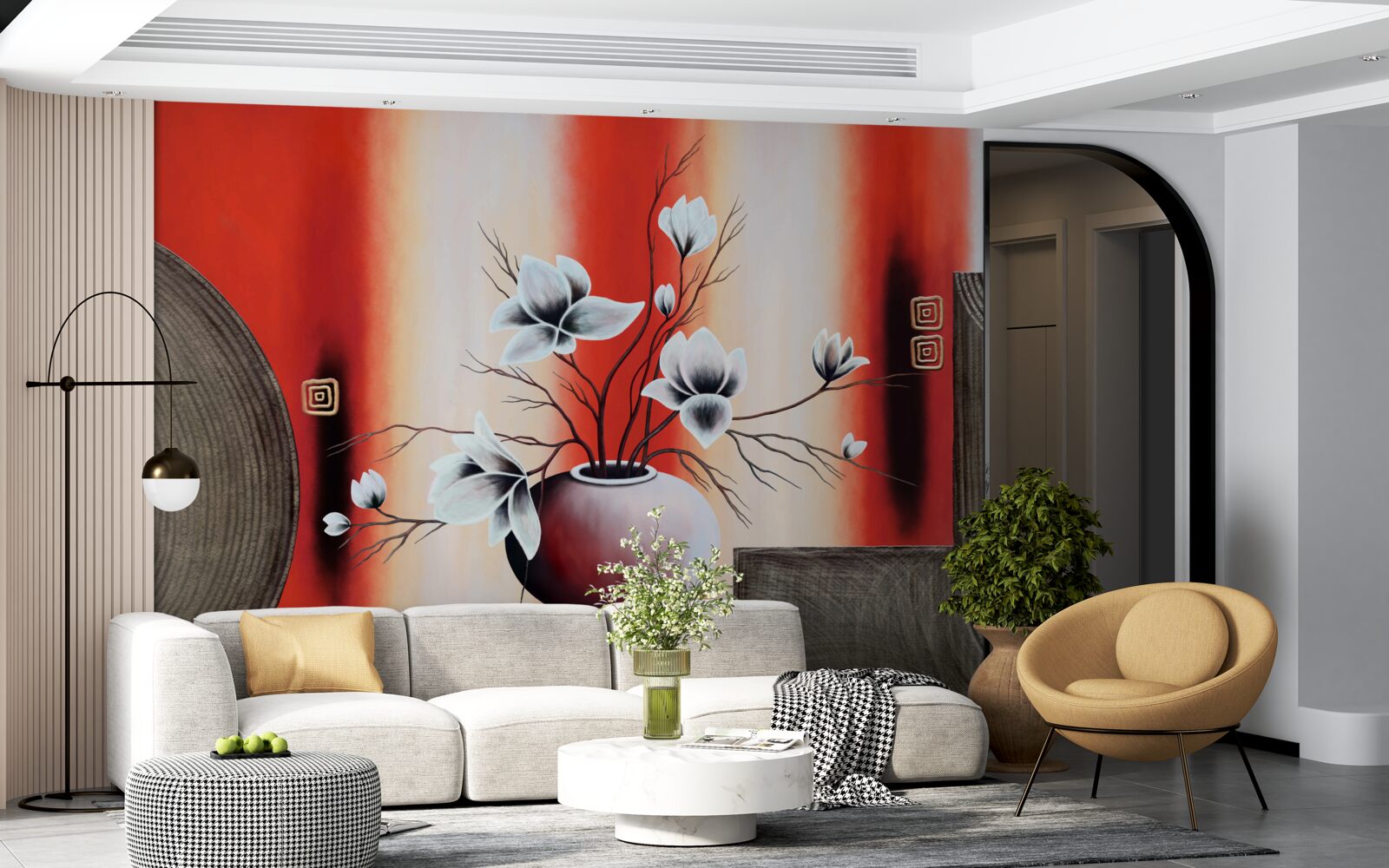 Fototapet vază roșie cu flori albe delicate