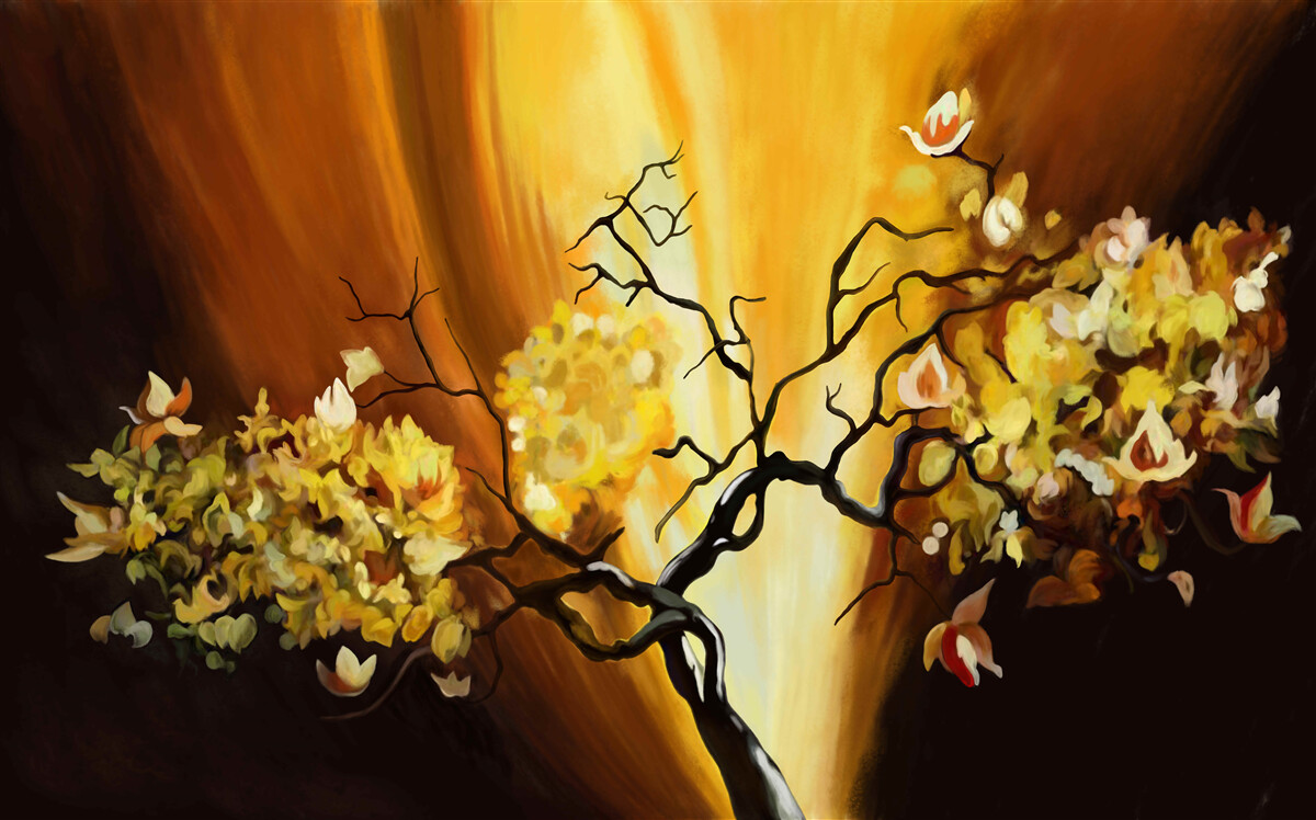 Fototapet copac în floare pe marginea apusului de soare