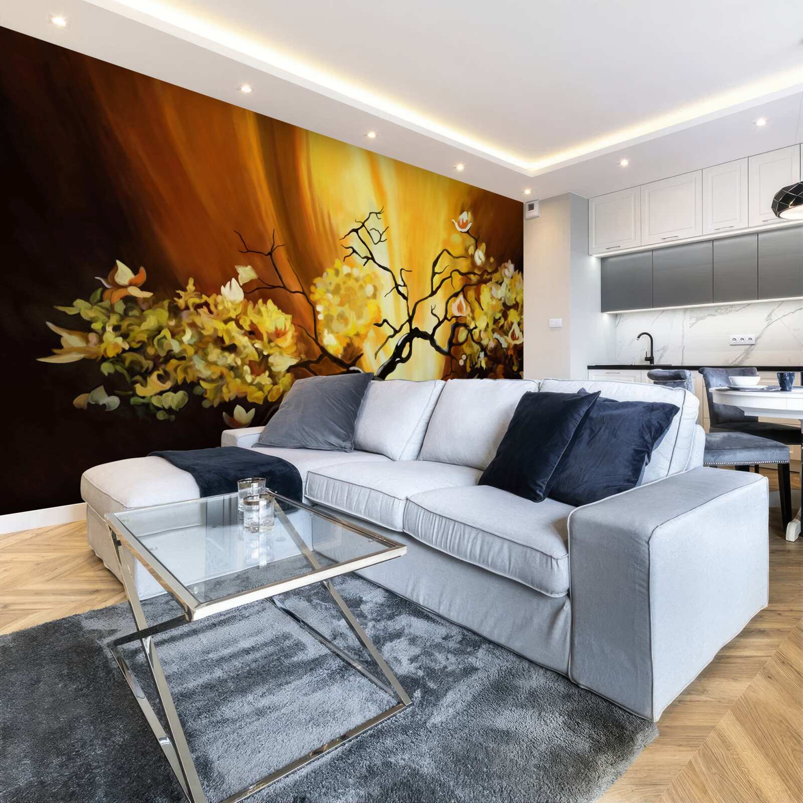 Fototapet copac în floare pe marginea apusului de soare