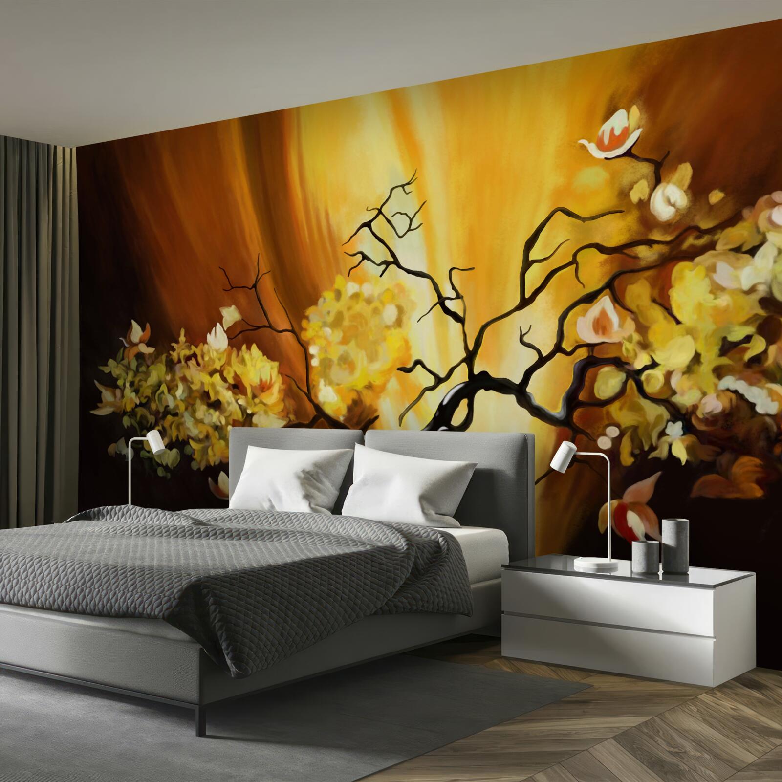 Fototapet copac în floare pe marginea apusului de soare