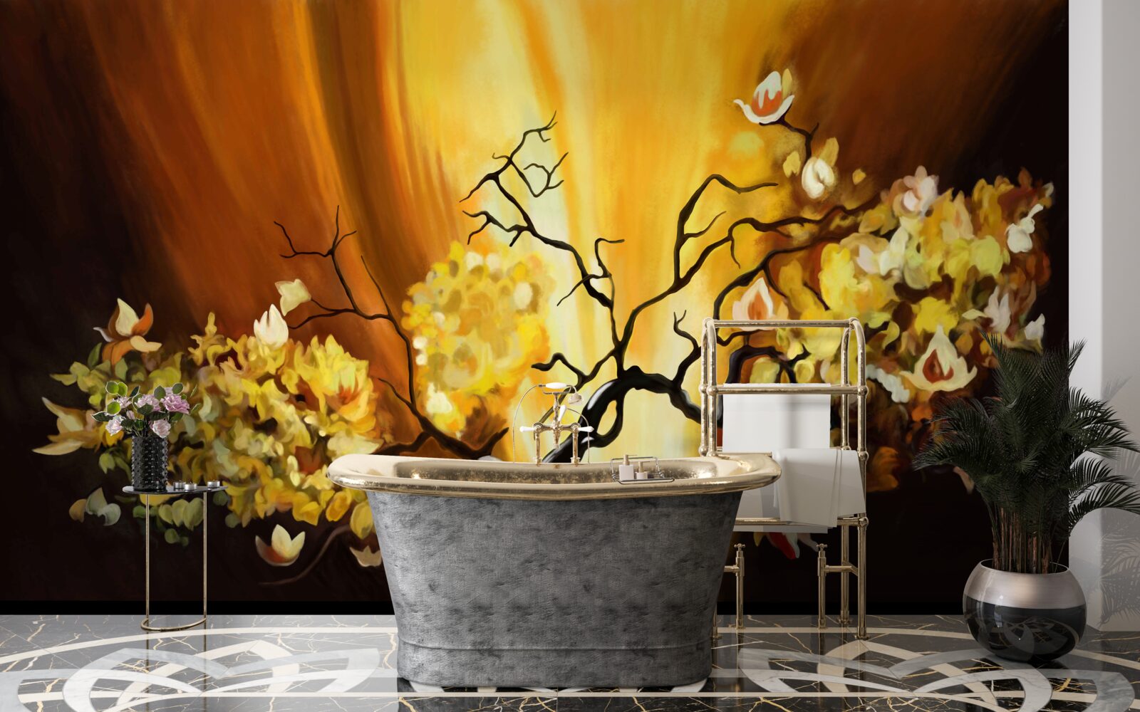 Fototapet copac în floare pe marginea apusului de soare