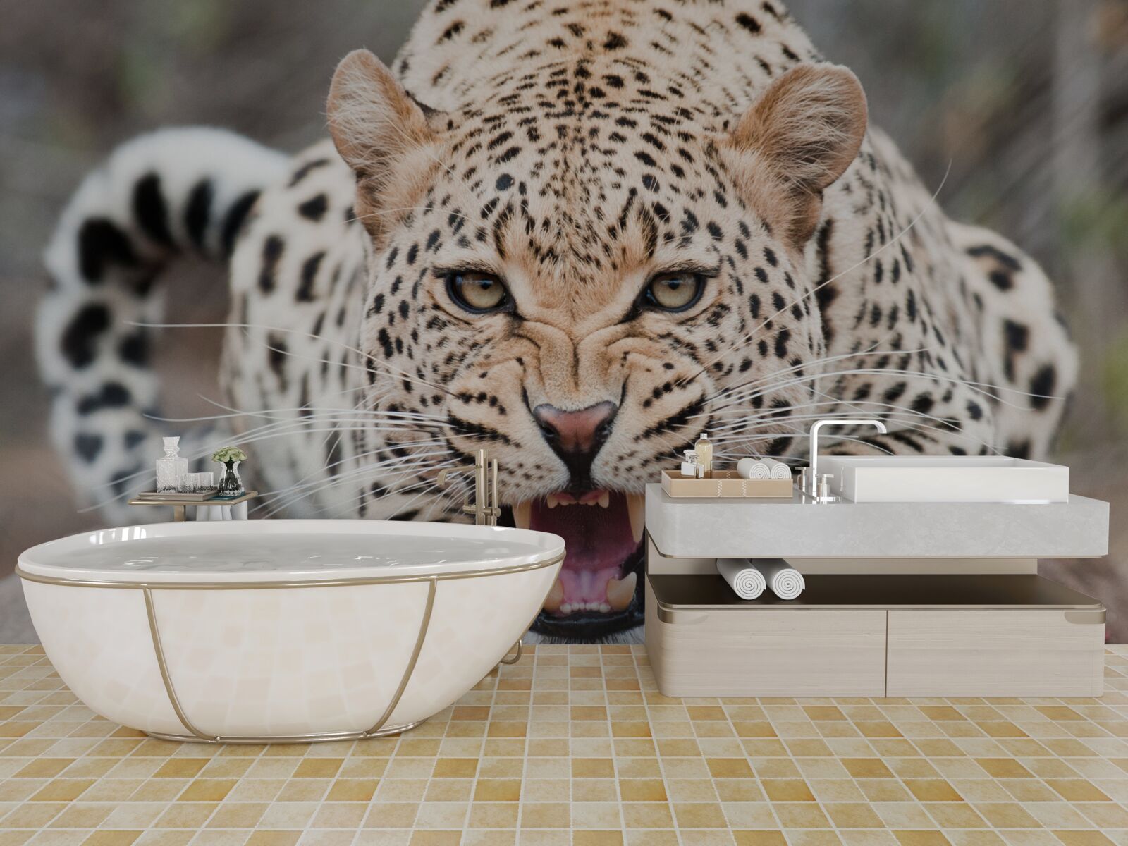 Fototapet leopard pe cale să facă saltul