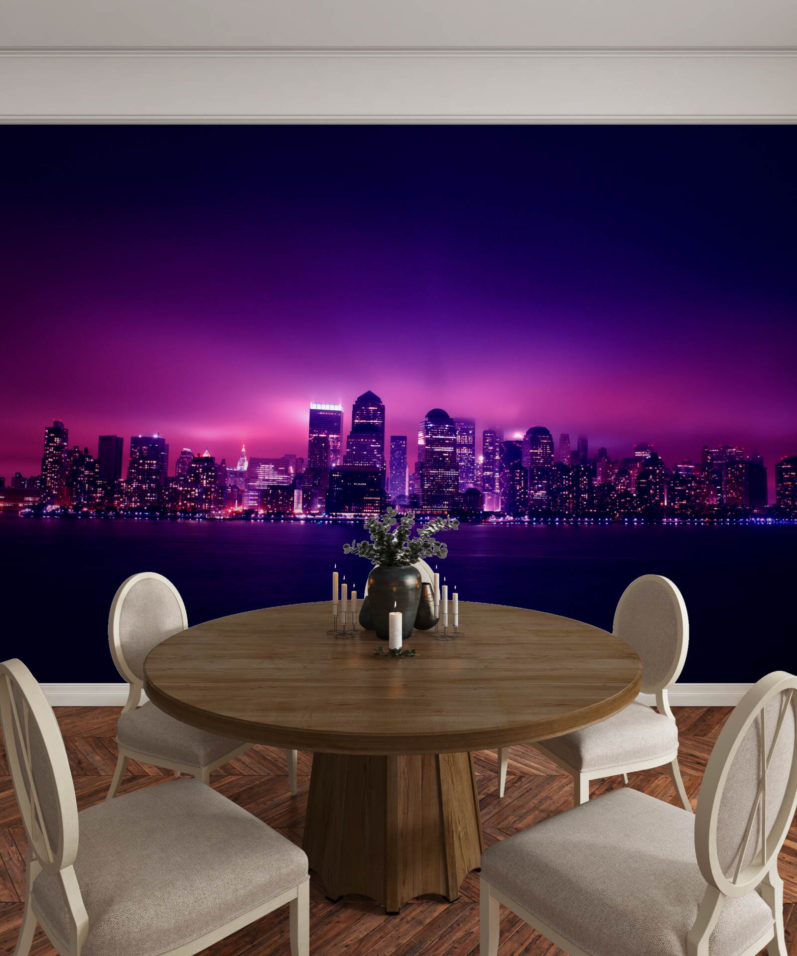 Fototapet o strălucire de liliac peste un mare oraș