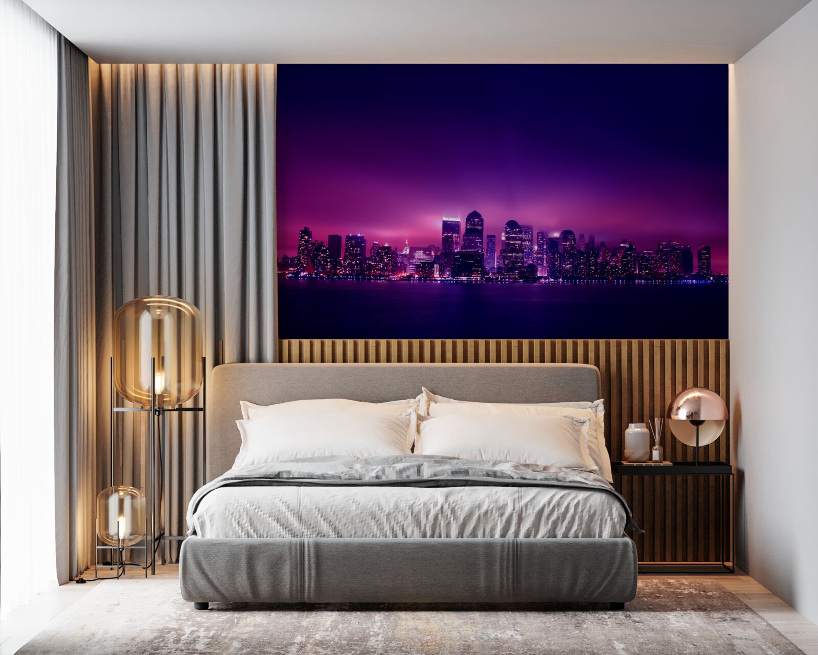 Fototapet o strălucire de liliac peste un mare oraș