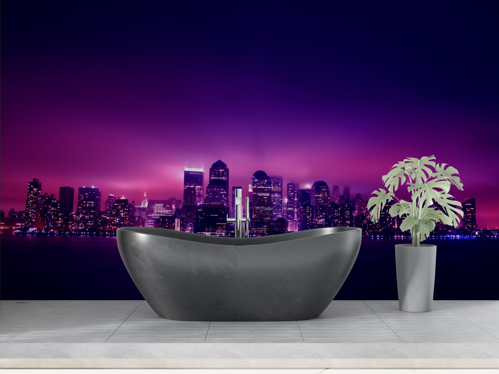 Fototapet o strălucire de liliac peste un mare oraș