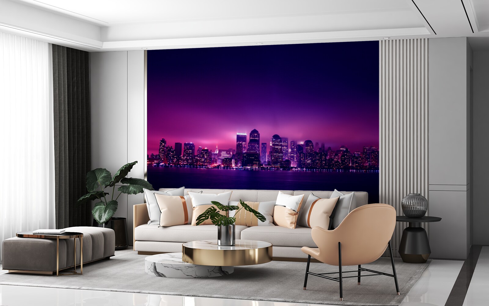 Fototapet o strălucire de liliac peste un mare oraș