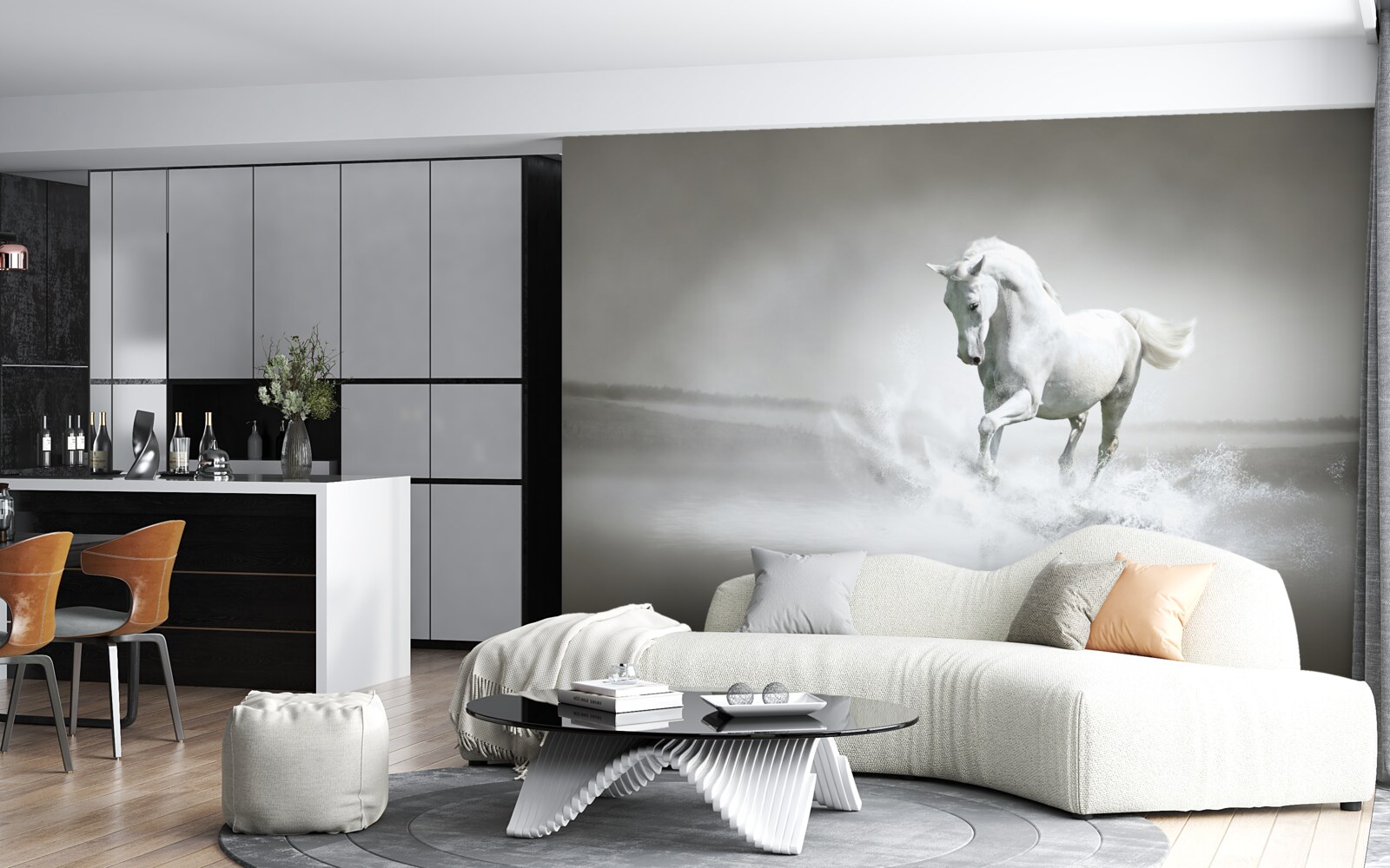 Fototapet vuietul puternic al unui cal alb ca zăpada care își bate picioarele pe umezeală