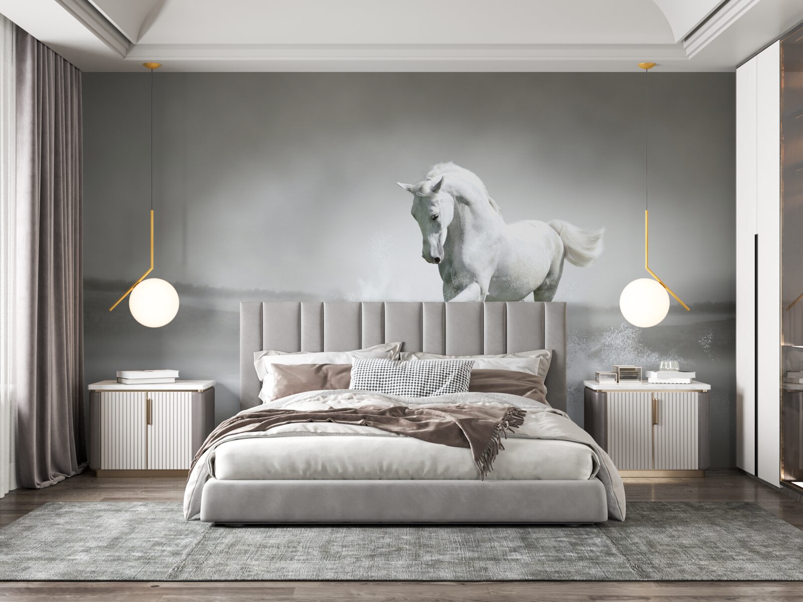 Fototapet vuietul puternic al unui cal alb ca zăpada care își bate picioarele pe umezeală