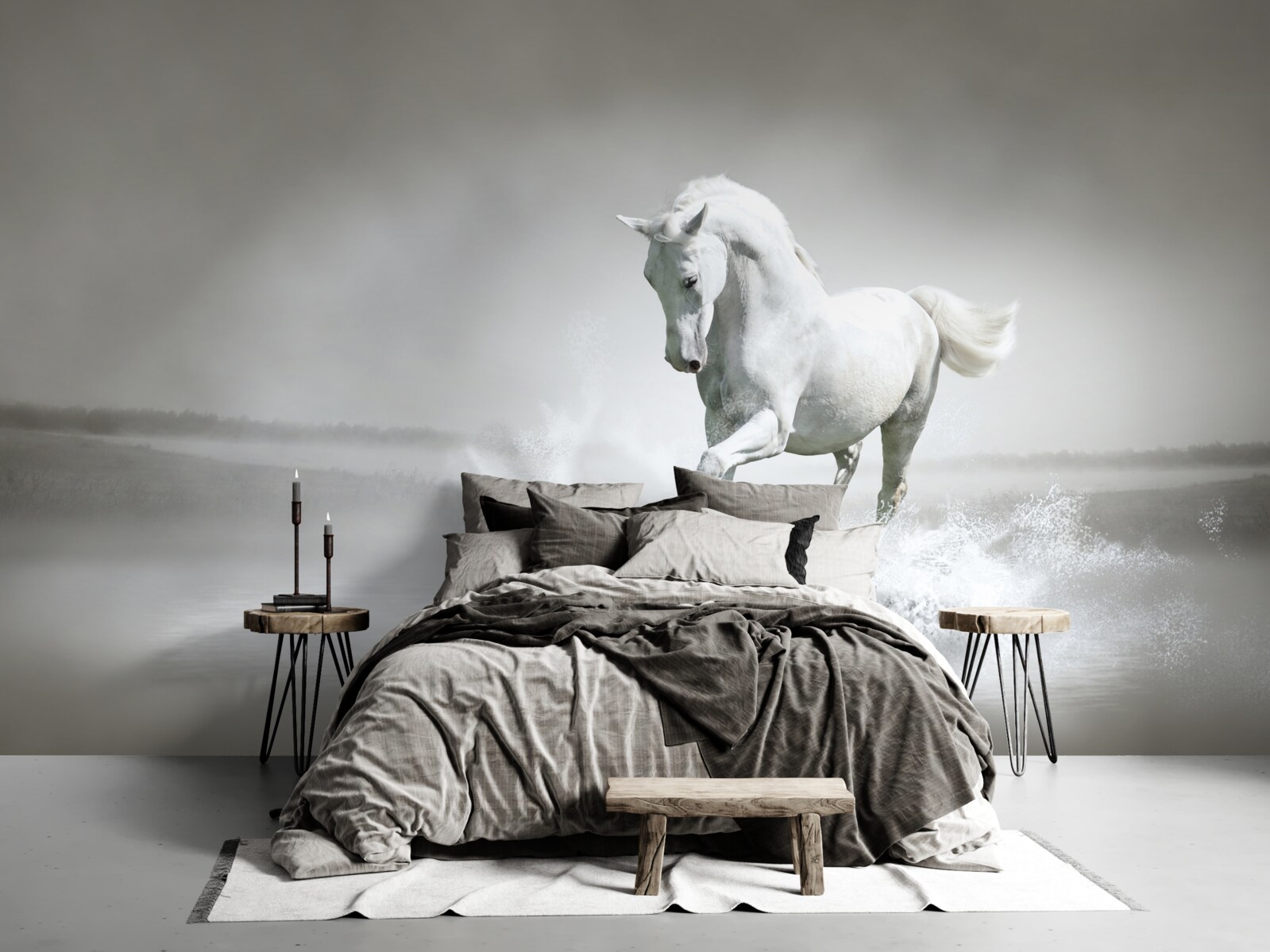 Fototapet vuietul puternic al unui cal alb ca zăpada care își bate picioarele pe umezeală