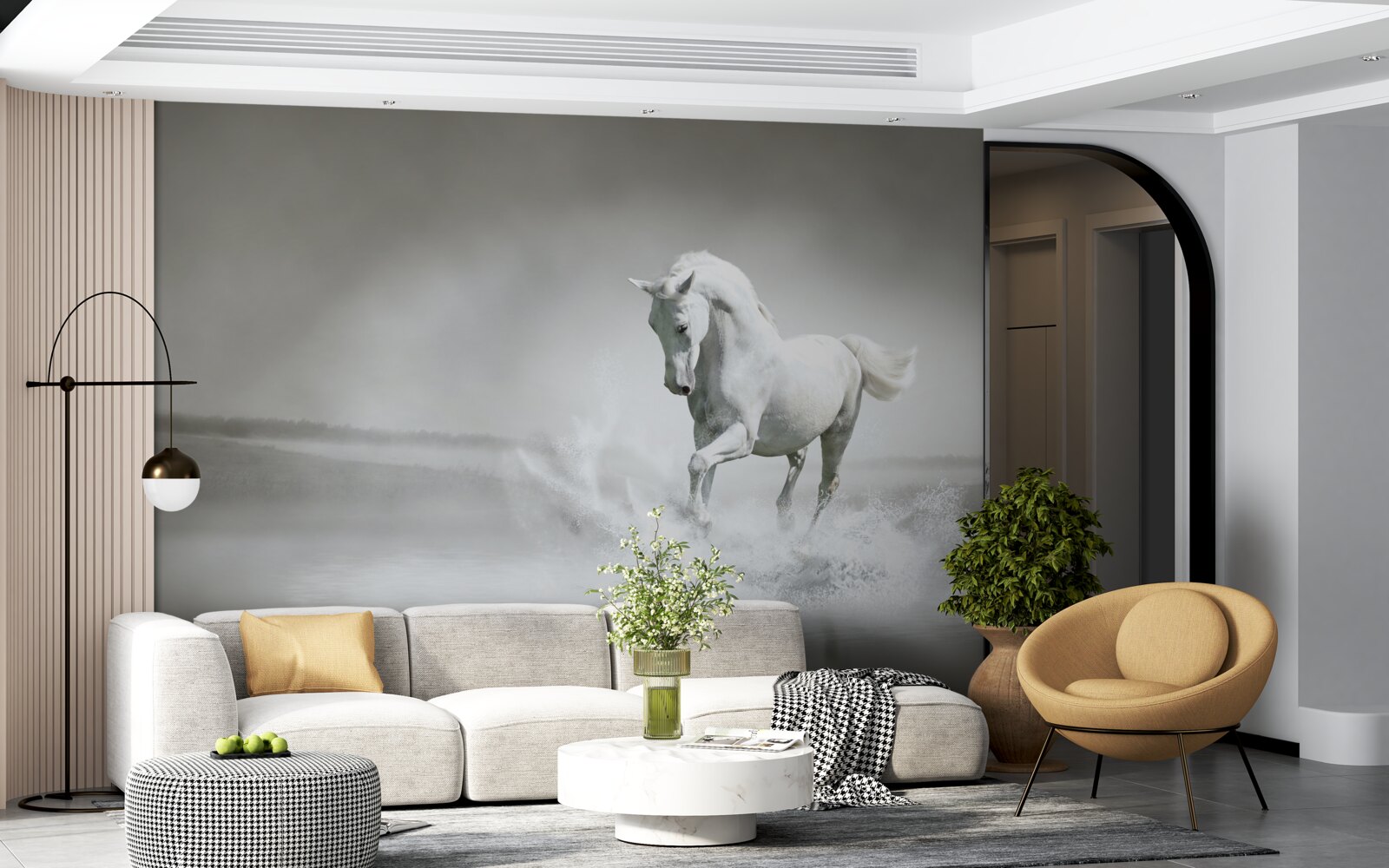 Fototapet vuietul puternic al unui cal alb ca zăpada care își bate picioarele pe umezeală