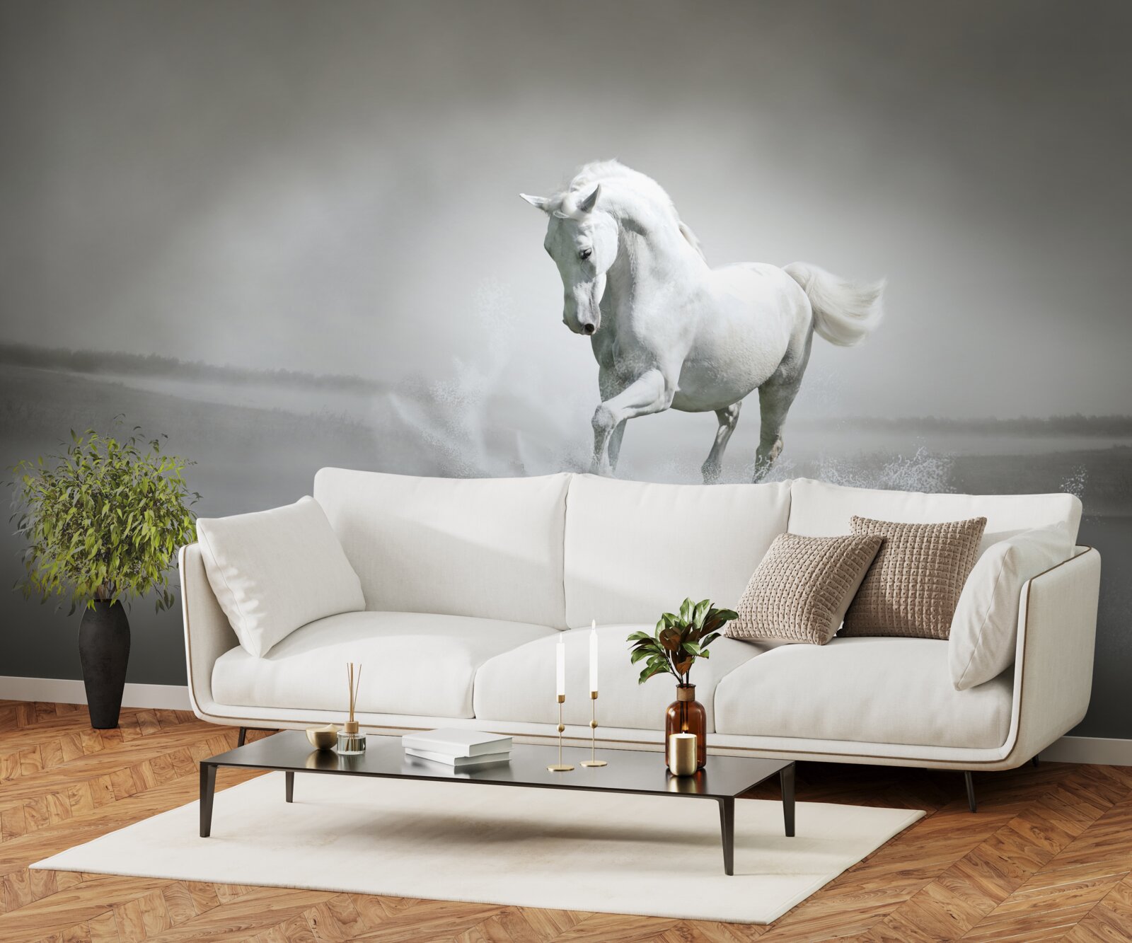 Fototapet vuietul puternic al unui cal alb ca zăpada care își bate picioarele pe umezeală