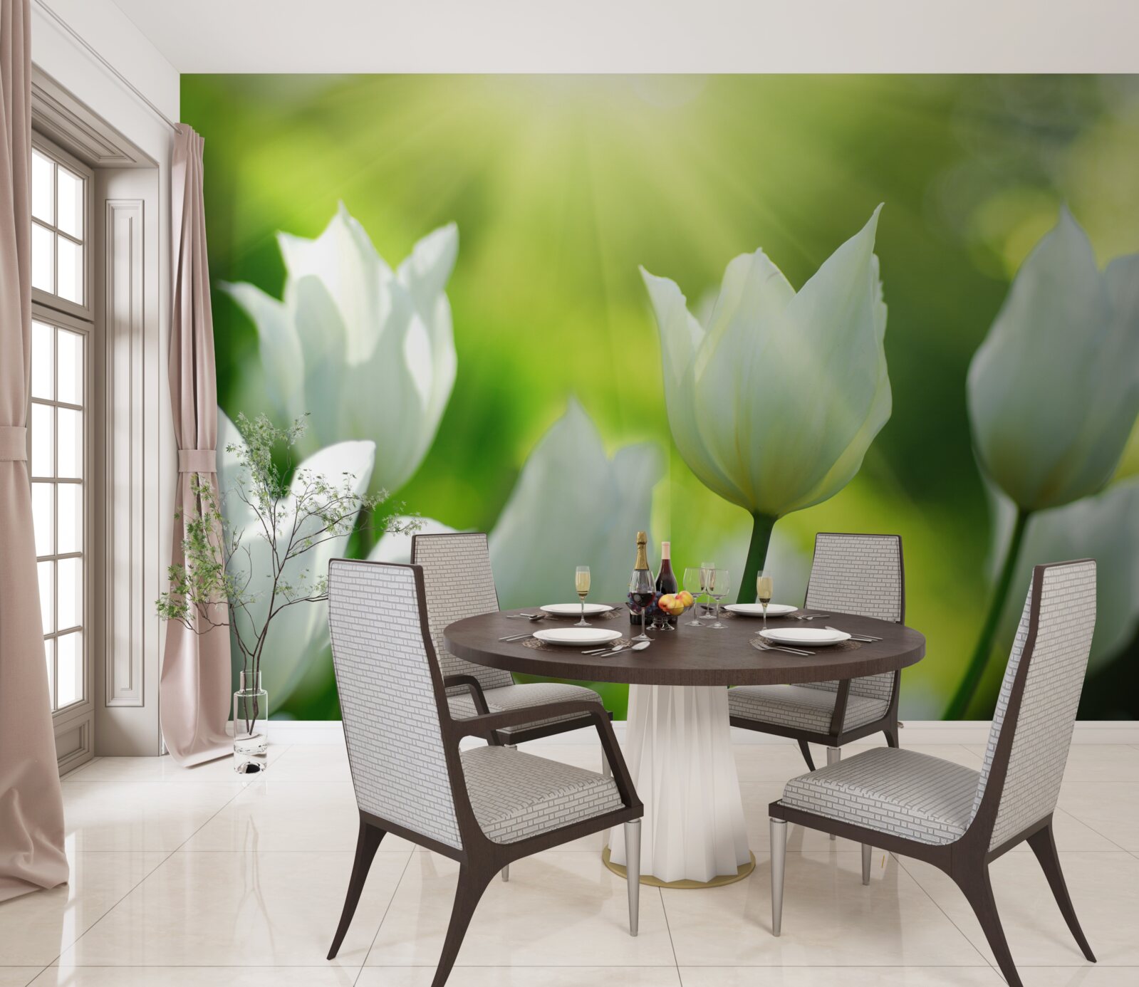 Fototapet Lalele albe ca zăpada sub razele soarelui