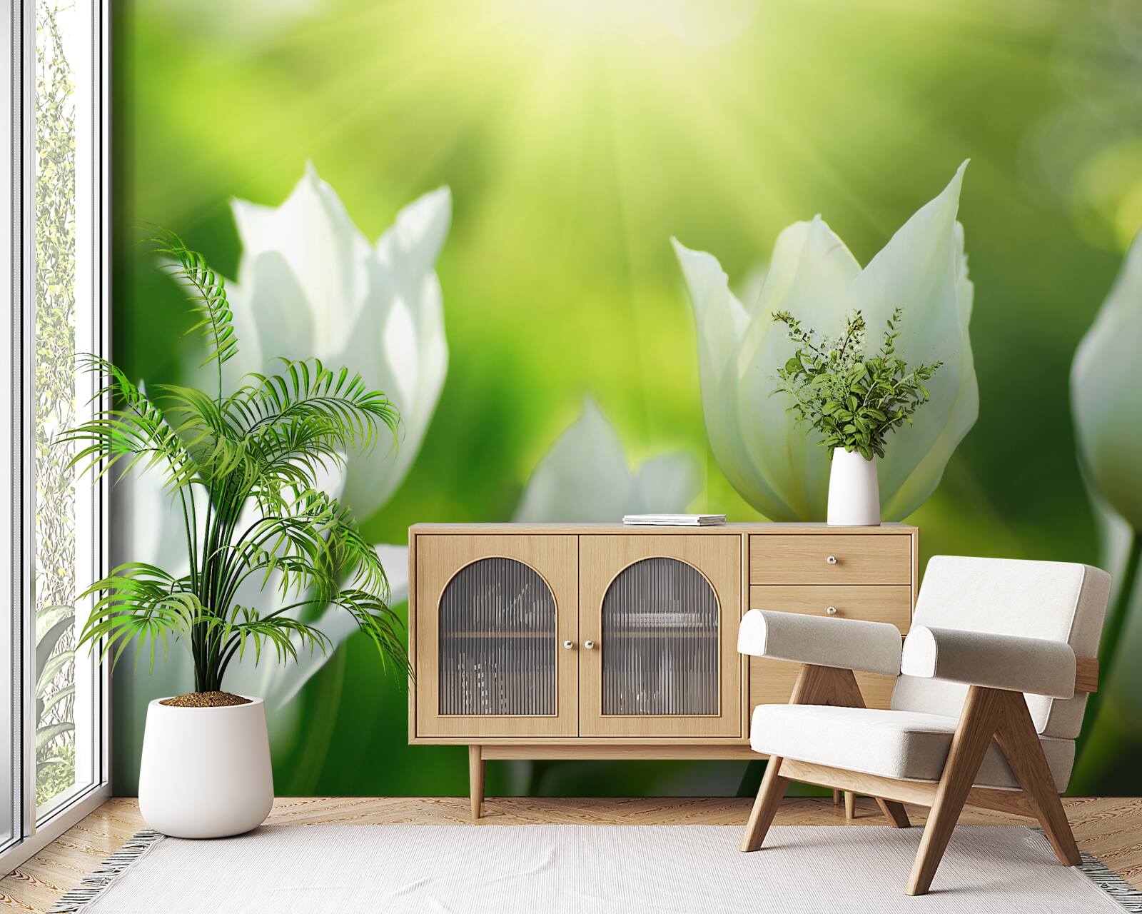 Fototapet Lalele albe ca zăpada sub razele soarelui