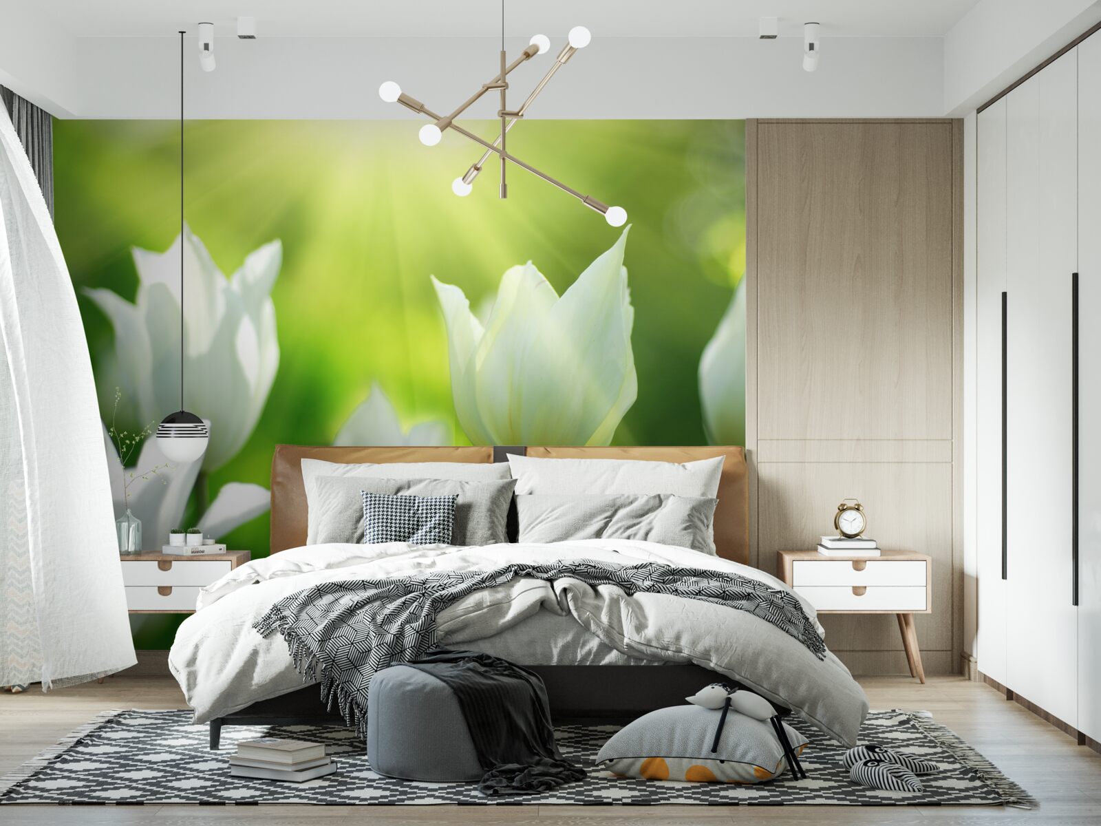 Fototapet Lalele albe ca zăpada sub razele soarelui