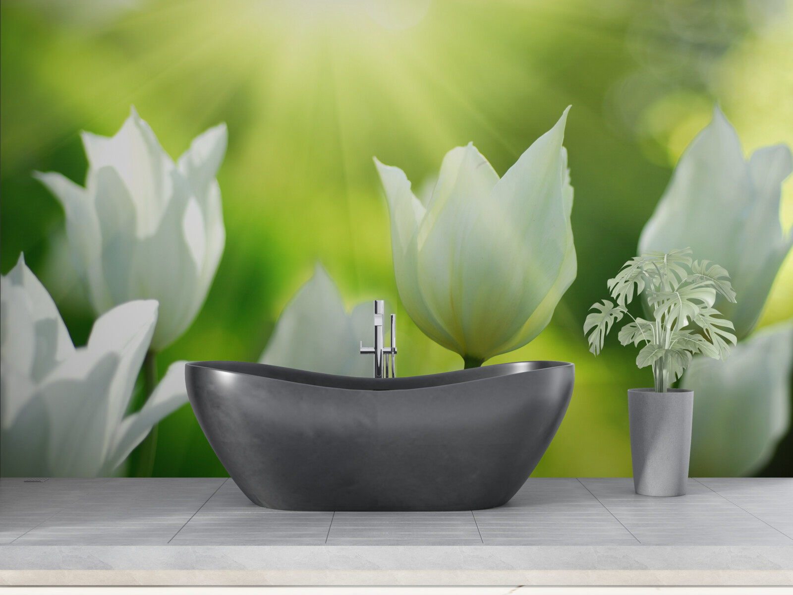 Fototapet Lalele albe ca zăpada sub razele soarelui